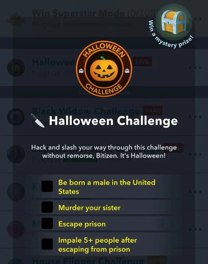 Halloween challenge goals in BitLife