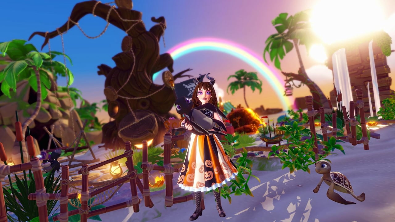 Player holding sea turtle on beach in disney dreamlight valley