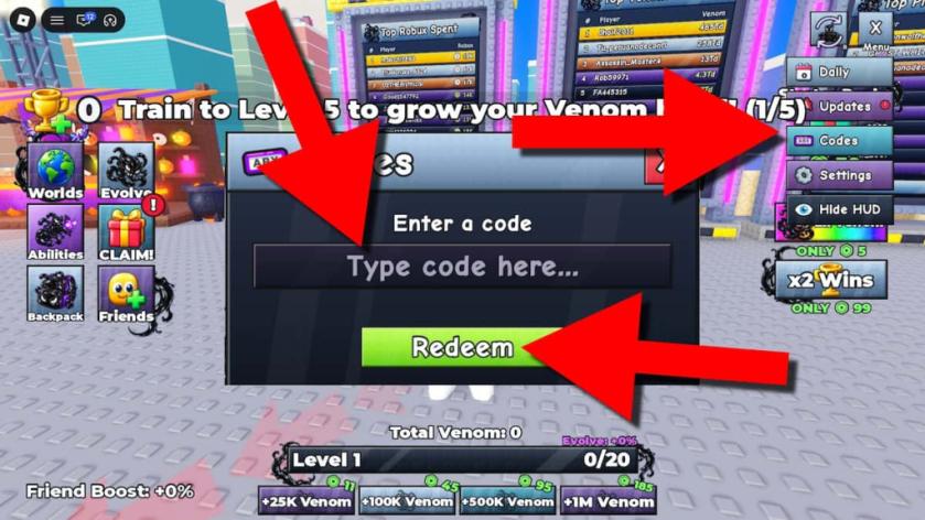 How to redeem +1 Venom Evolution codes in Roblox by opening Codes, entering a code, and clicking Redeem.