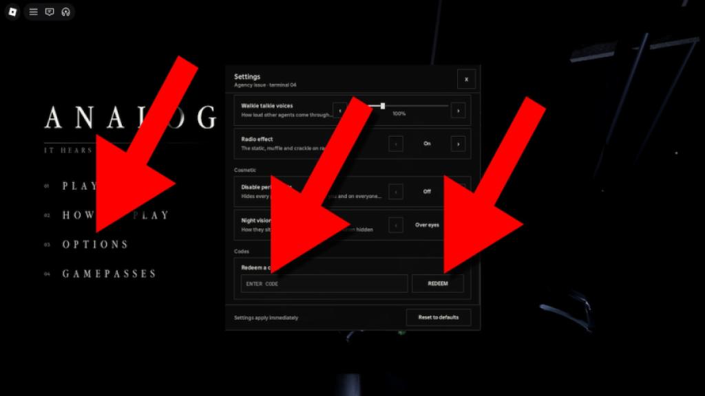 How to redeem ANALOG codes in Roblox by opening Options, scrolling to the Codes section, entering a code, and clicking Redeem.