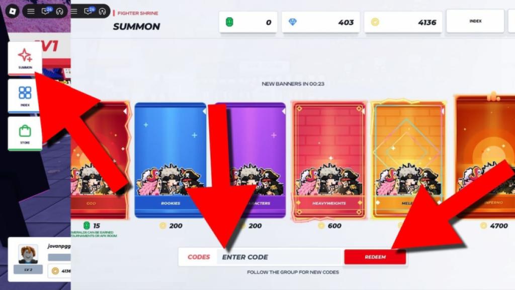 How to redeem Anime vs Anime codes in Roblox by opening Summon, scrolling to the Codes field, entering a code, and clicking Redeem.