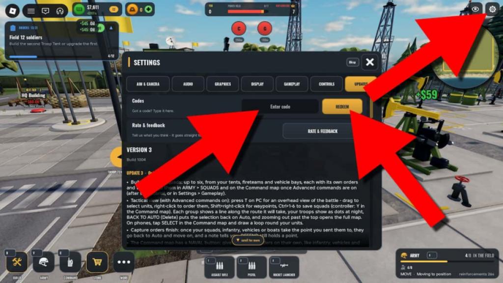 Army Commander Tycoon game screenshot showing how to redeem codes, with red arrows pointing to the Settings button, code entry field, and Redeem button.