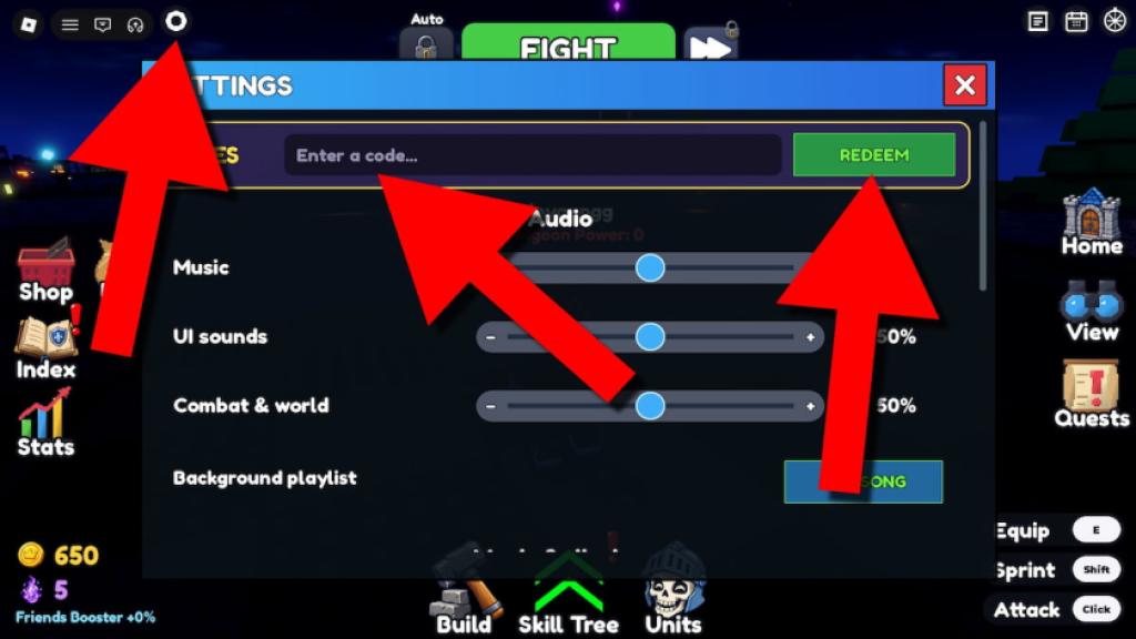 Build a Dungeon game screenshot showing how to redeem codes, with red arrows pointing to the Settings button, code entry field, and Redeem button.