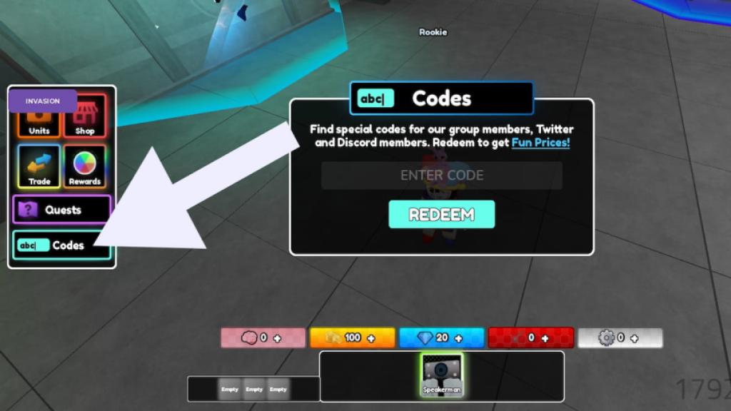 How to redeem codes in Cameraman Toilet TD