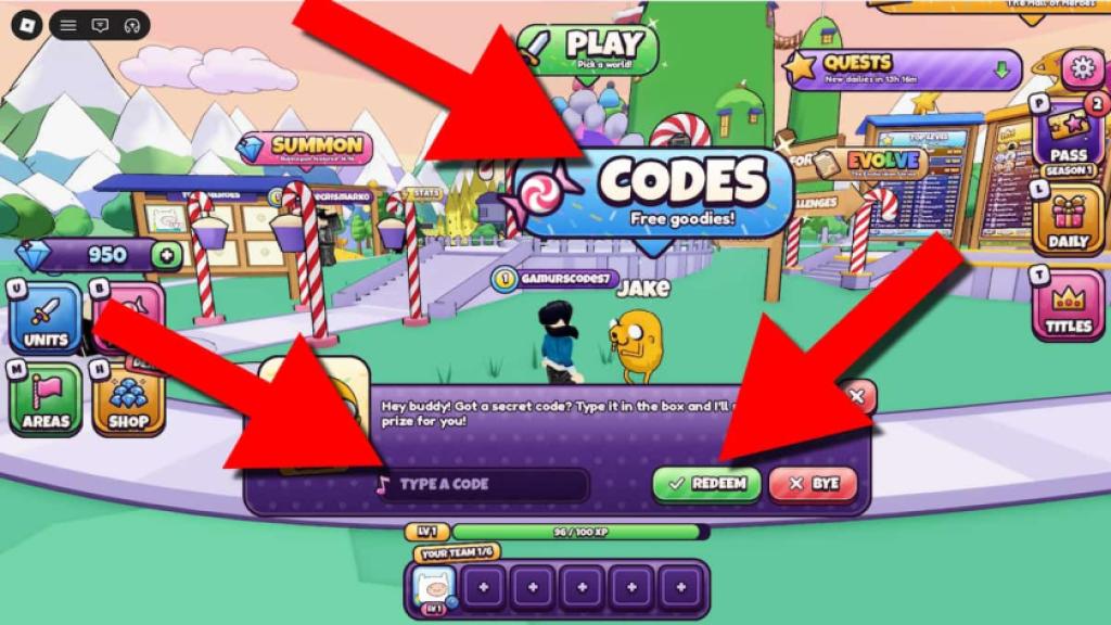 How to redeem Candy Kingdom Defense codes in Roblox by opening the Codes menu, entering a code, and clicking Redeem.