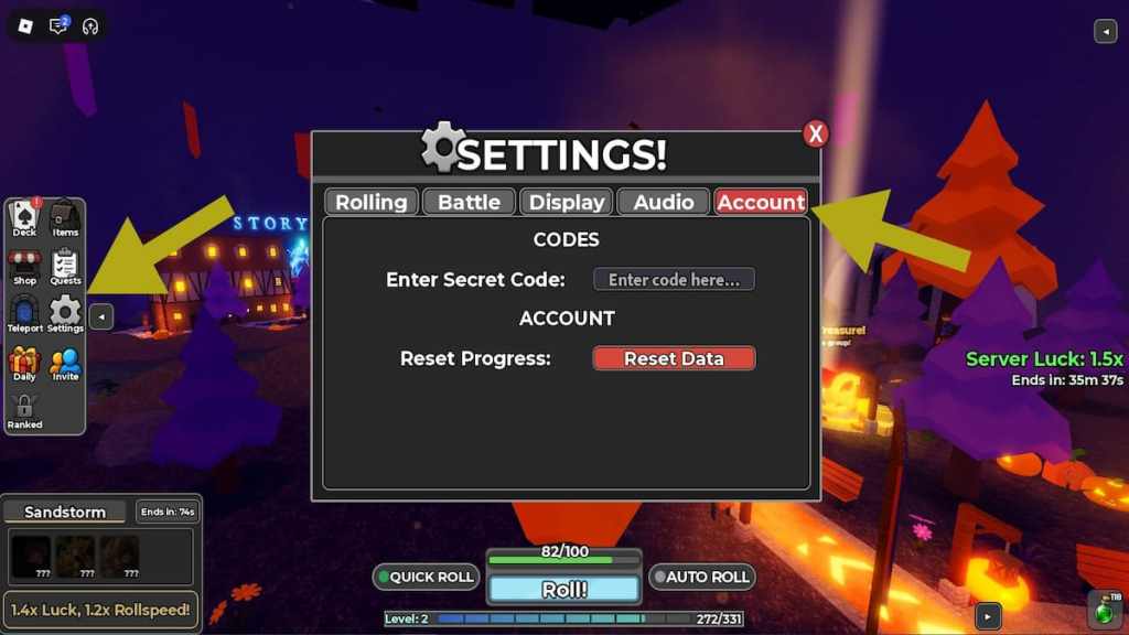 Arrows pointing at the Settings menu and the Account tab within it in Card Battles: Prestige