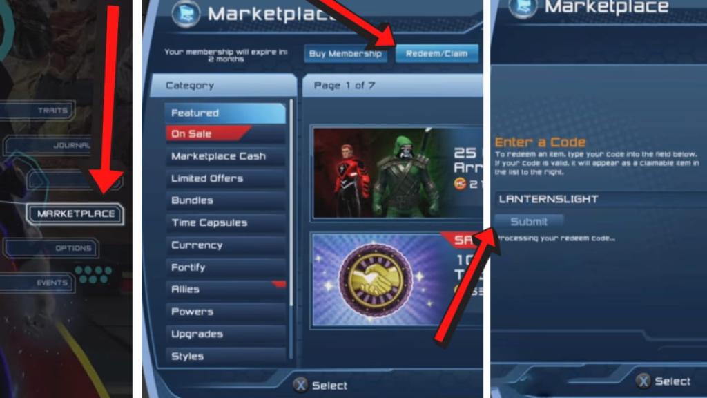 DC Universe Online screenshots showing how to redeem codes, with red arrows pointing to the Marketplace, Redeem/Claim tab, code entry field, and Submit button.
