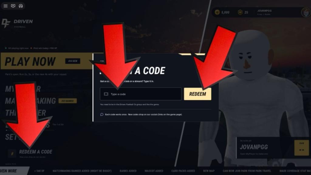 Driven Football game screenshot showing how to redeem codes, with red arrows pointing to the Redeem a Code menu, code entry field, and Redeem button.
