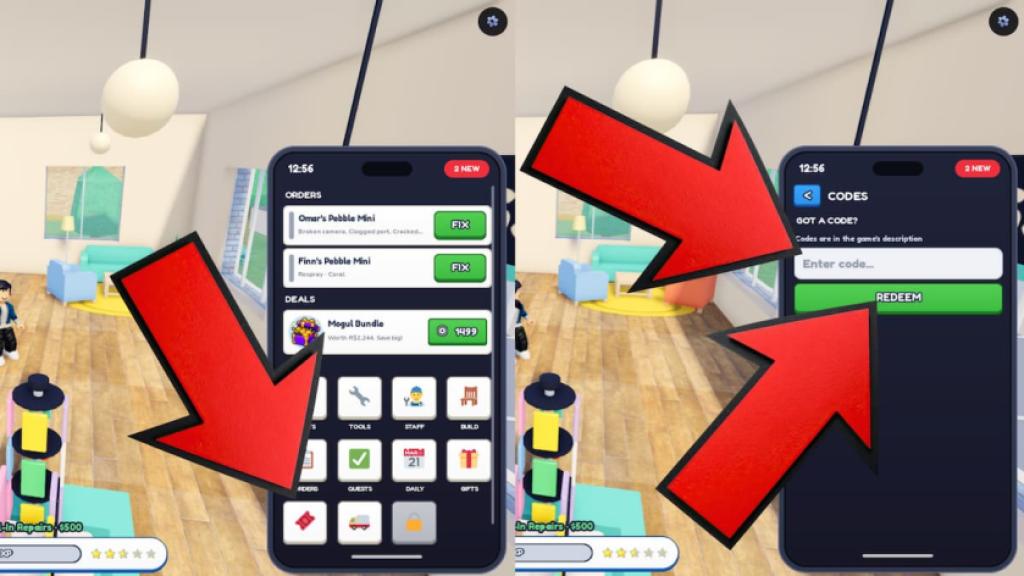 Fix My Phone code redemption process with arrows showing which buttons to click
