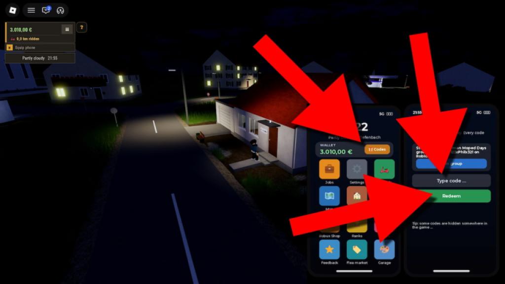 How to redeem German Moped Days codes in Roblox by opening the phone, selecting Codes, entering a code, and tapping Redeem.