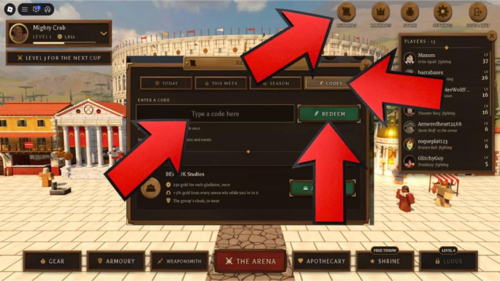 How to redeem Gladiator Life codes in Roblox by opening Rewards, selecting the Codes tab, entering a code, and clicking Redeem.