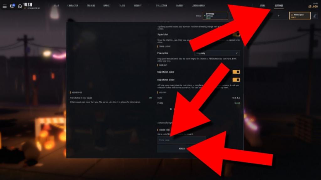Hush game screenshot showing how to redeem codes, with red arrows pointing to the Settings menu, code entry field, and Redeem button.