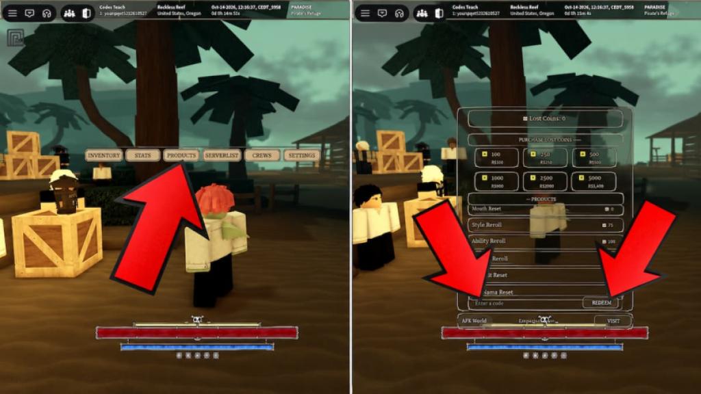 Lost Era game screenshots showing how to redeem codes, with red arrows pointing to the Products menu, code entry field, and Redeem button.