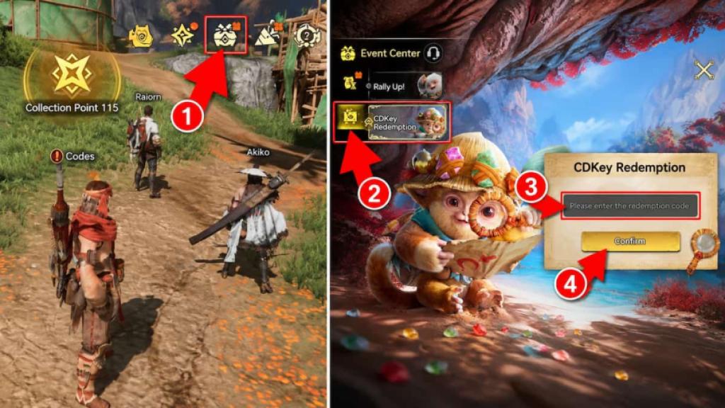 How to redeem Monster Hunter Outlanders codes by opening the Event Center, selecting CDKey Redemption, entering a code, and tapping Confirm.