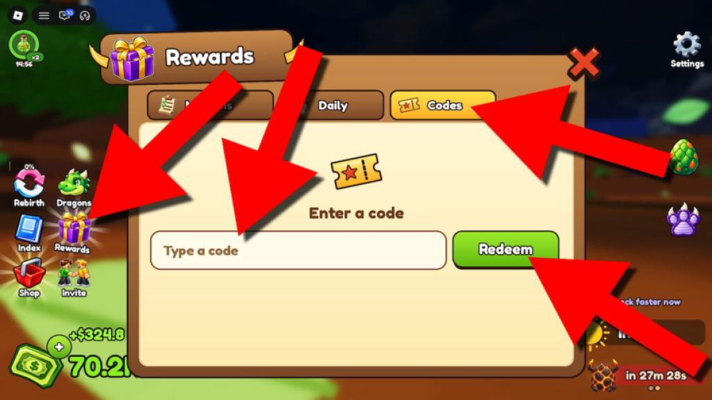 How to redeem Ride a Dragon codes in Roblox by opening Rewards, selecting the Codes tab, entering a code, and clicking Redeem.