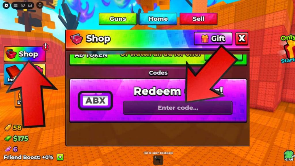 Shoot For Eggs game screenshot showing how to redeem codes, with red arrows pointing to the Shop button and code entry field.