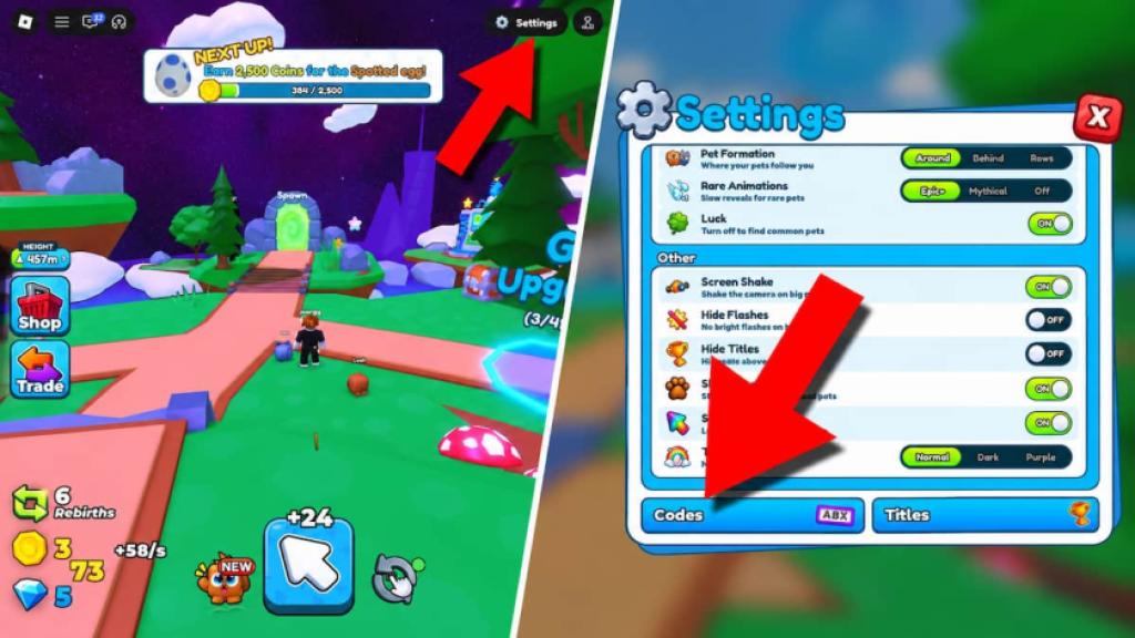 Tap Simulator Reborn game screenshots showing how to access the Codes menu, with red arrows pointing to the Settings button and Codes option.