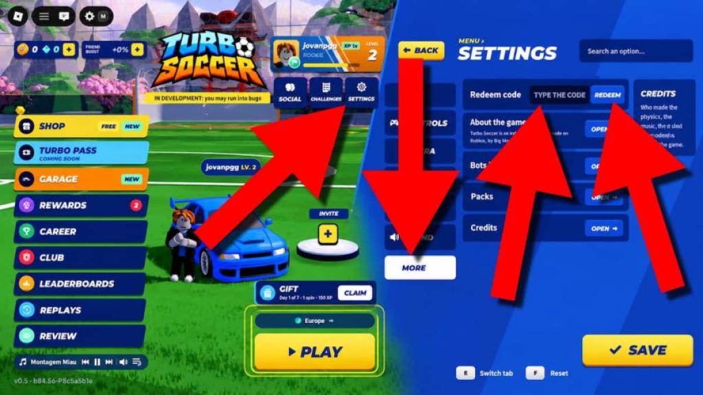 Turbo Soccer game screenshots showing how to redeem codes, with red arrows pointing to the Settings menu, More tab, code entry field, and Redeem button.