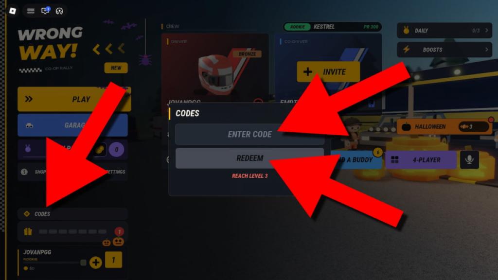 WRONG WAY game screenshot showing how to redeem codes, with red arrows pointing to the Codes menu, code entry field, and Redeem button.