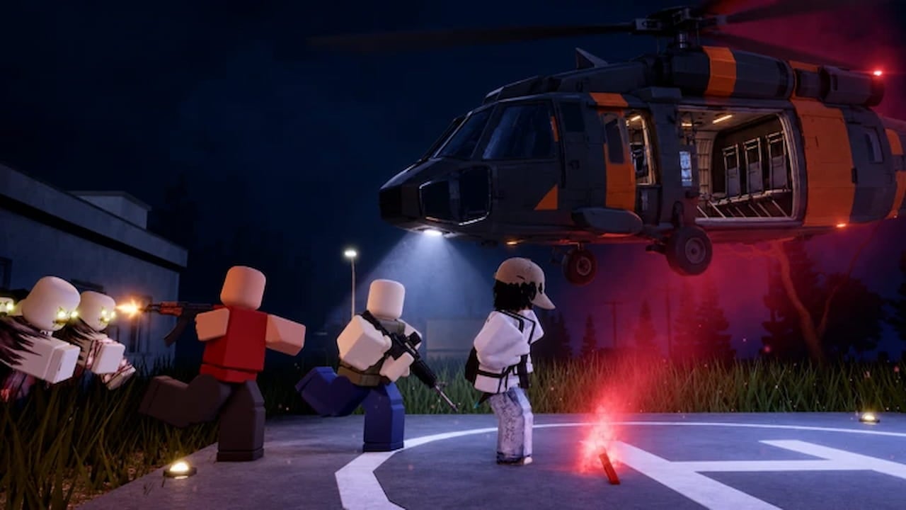 Hush game artwork showing Roblox survivors gathering near a helicopter at night while armed enemies approach through the grass.
