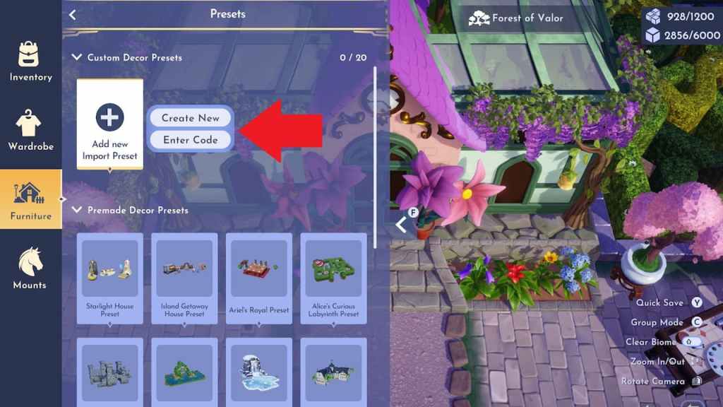 Enter code preset option marked in disney dreamlight valley