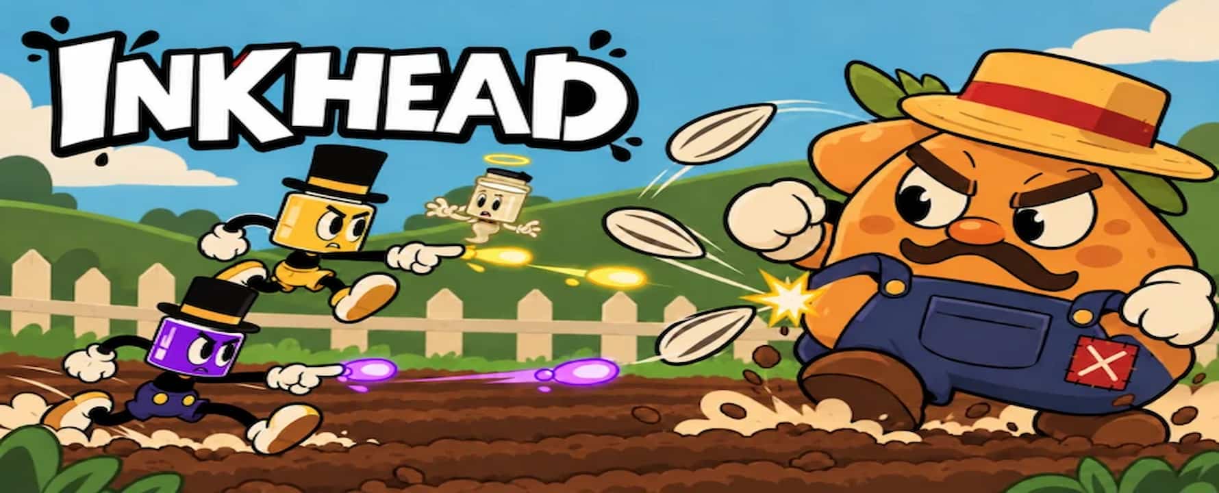 Inkhead artwork showing cartoon cup-headed characters firing colorful projectiles at a large angry farmer in a bright farm setting.