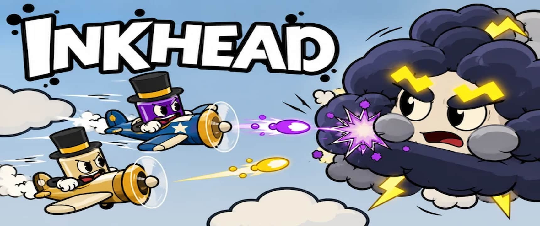 Inkhead official artwork showing cartoon cup-headed pilots firing colorful projectiles from planes at an angry storm cloud.