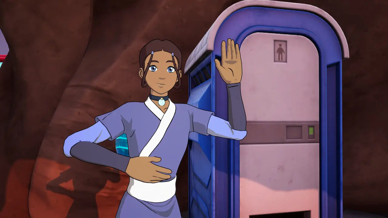 Player waving while standing in front of flusher in fortnite