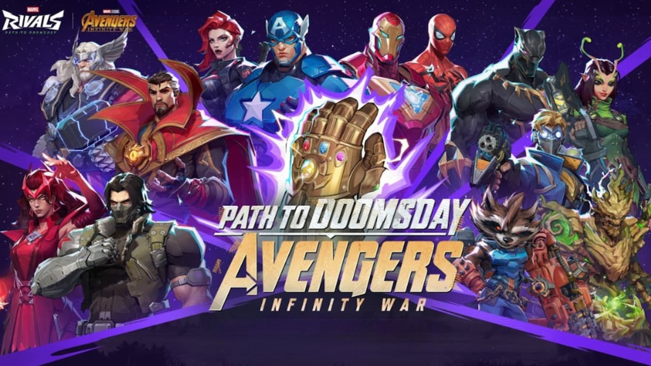 Big group of characters gathered around thanos gauntlet in marvel rivals path to doomsday infinity war event in marvel rivals