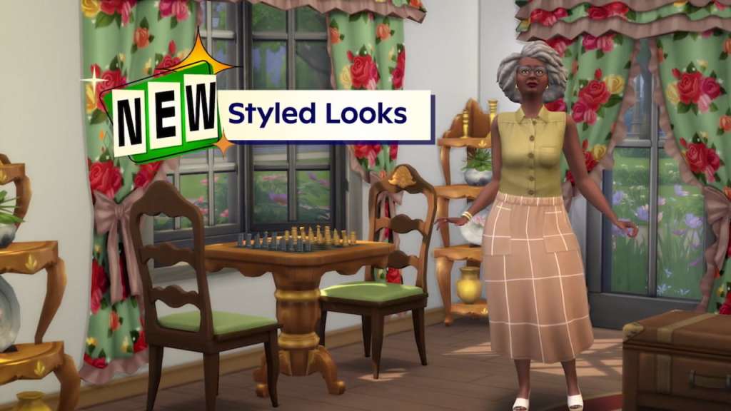 An elder sim wearing a new styled look in the sims 4