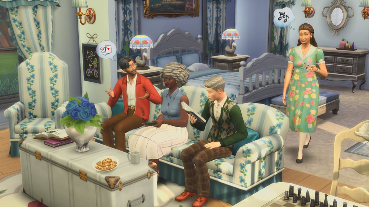 Four sims in living room in the sims 4