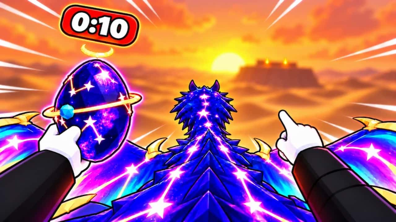 Ride a Dragon Roblox artwork showing a player riding a glowing cosmic dragon toward a sunset while holding a star-covered dragon egg.