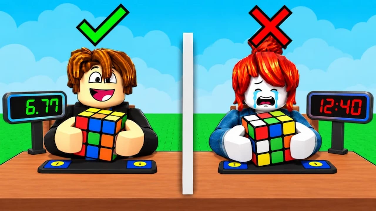 Solve The Cube official artwork showing two Roblox players competing to solve colorful cubes, with one finishing quickly and the other struggling.