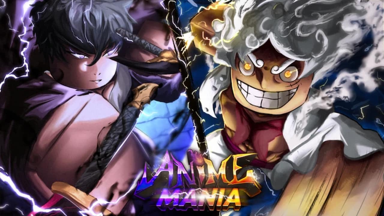 Anime Mania Remastered official artwork showing two powerful anime-inspired fighters surrounded by lightning and energy effects with the Anime Mania logo.