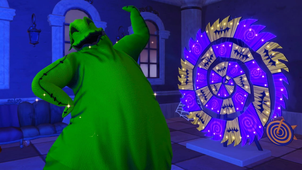 Oogie Boogie smiling and posing by wheel in disney dreamlight valley