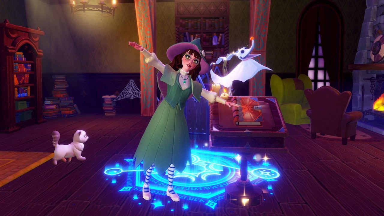 Player posing by the grimoire in disney dreamlight valley