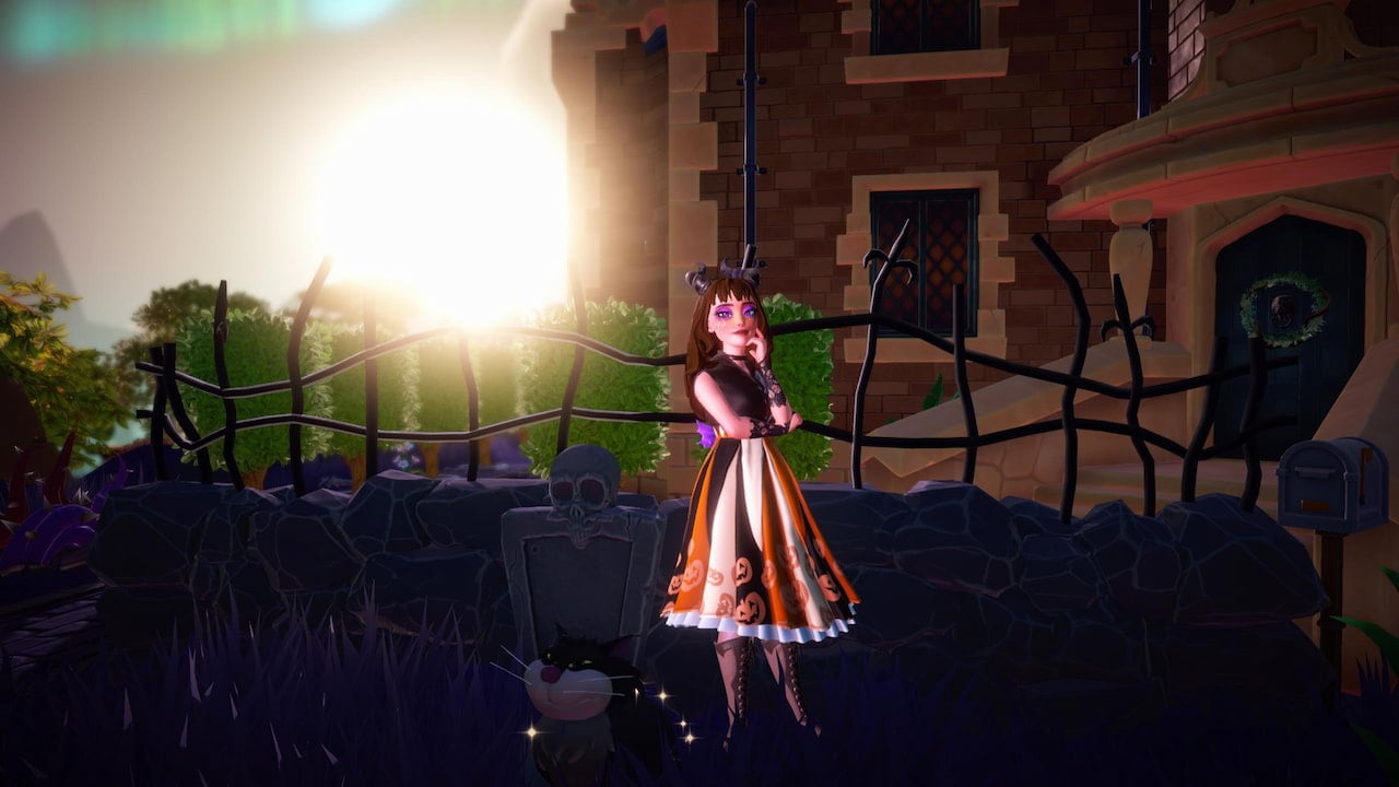 Player posing in front of trick-or-treat event crafting recipes in disney dreamlight valley