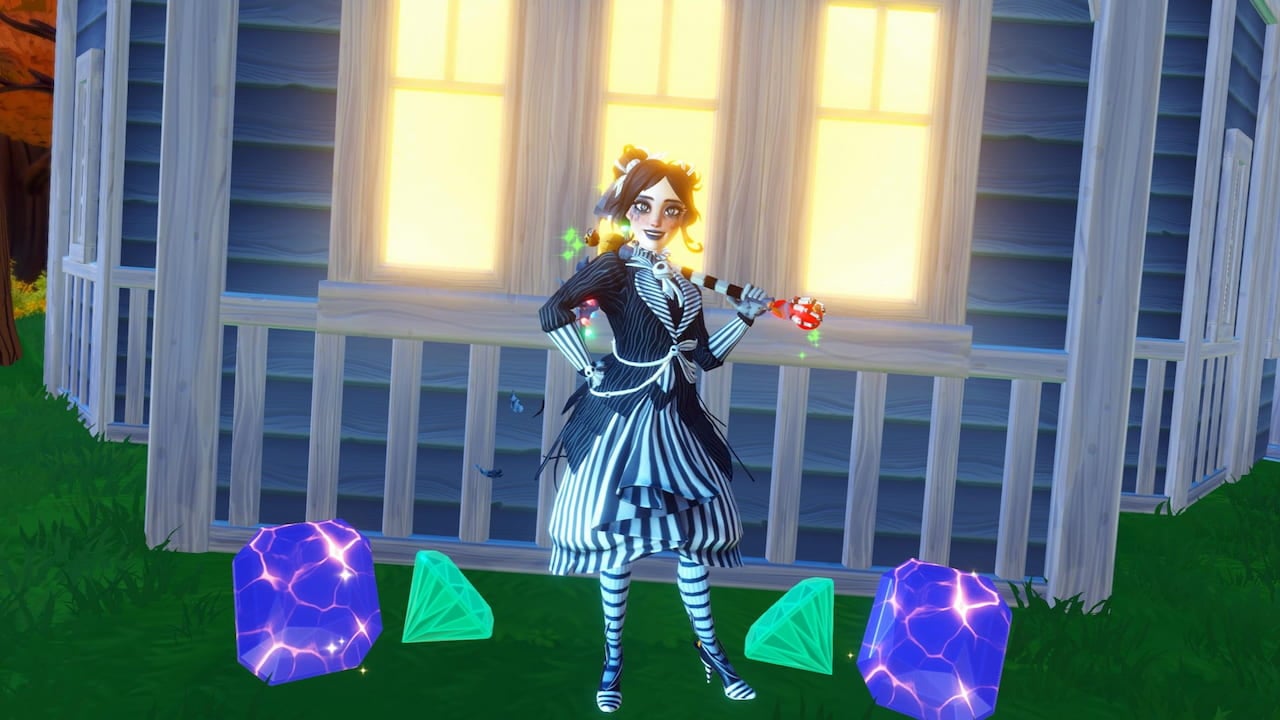 Player holding pickaxe standing by blue gems in disney dreamlight valley