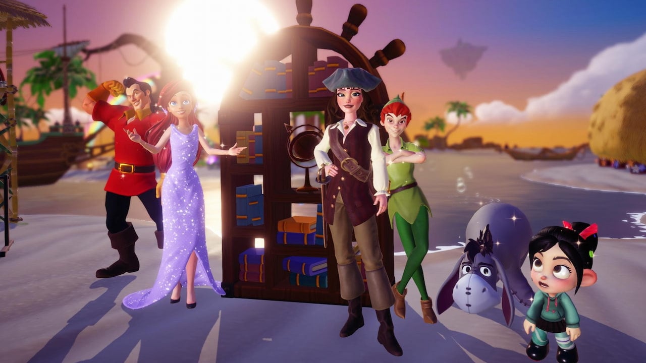 Player posing in front of helm bookshelf with villagers in disney dreamlight valley