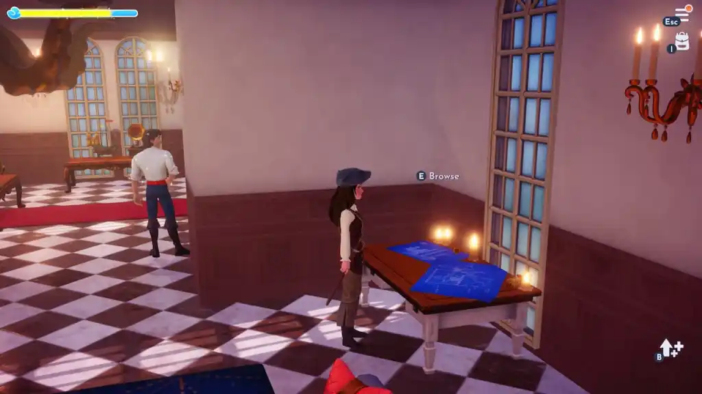 Player standing by prince eric crafting recipe blueprint table in disney dreamlight valley