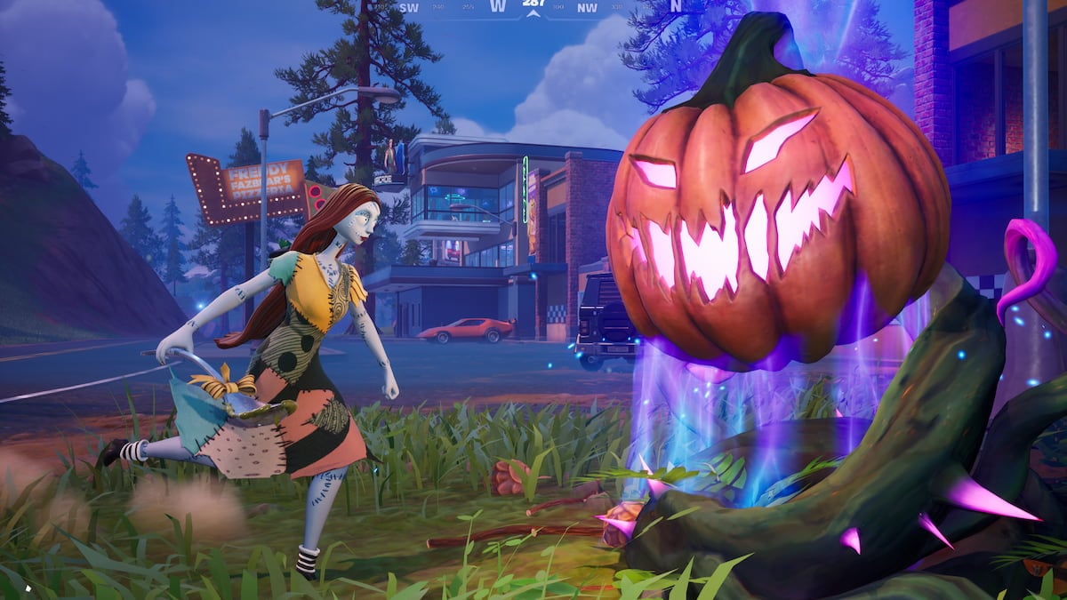 Sally running toward a pumpkin chest in fortnite