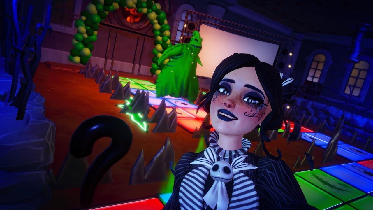 player taking picture with oogie boogie on game board in disney dreamlight valley