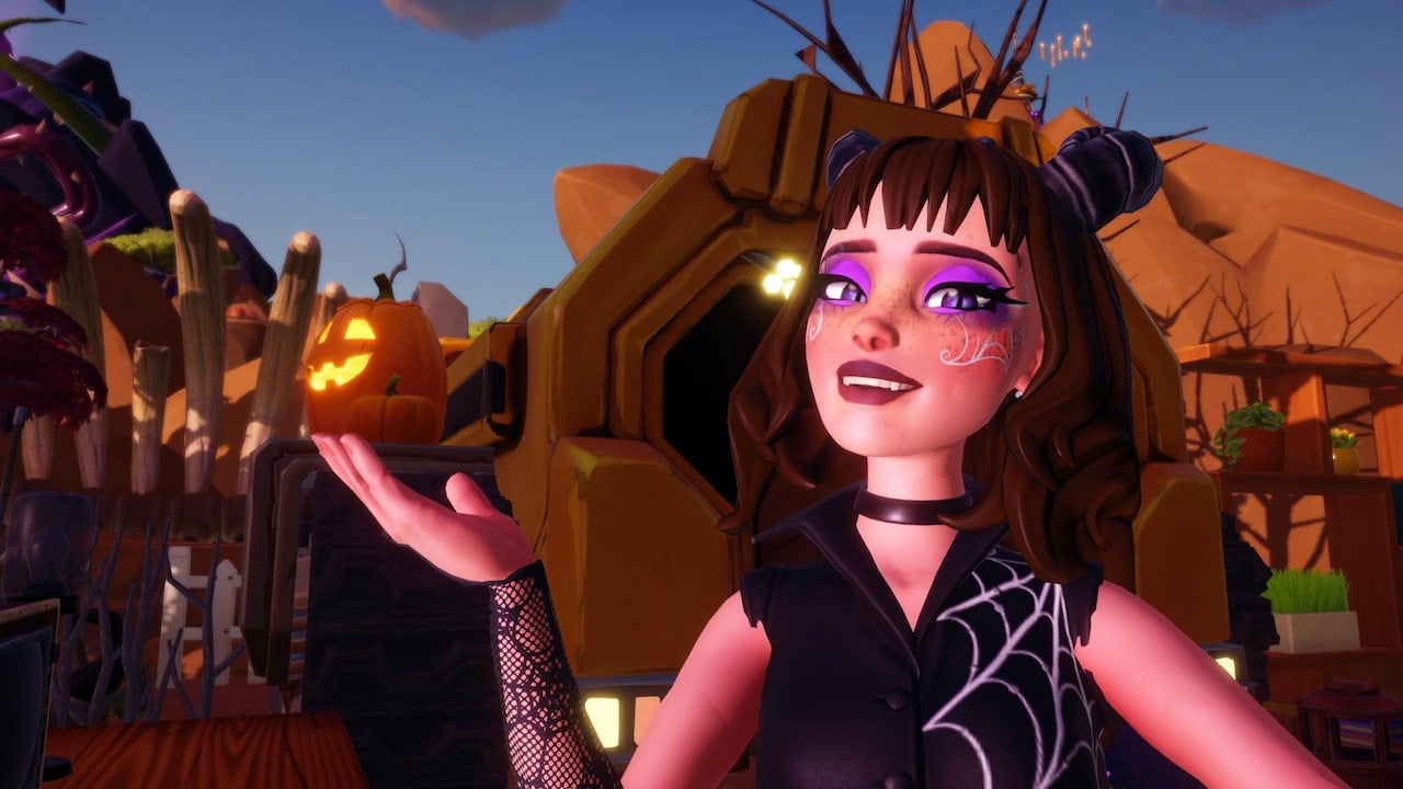Player taking picture with lit jack o lantern by villager house in disney dreamlight valley