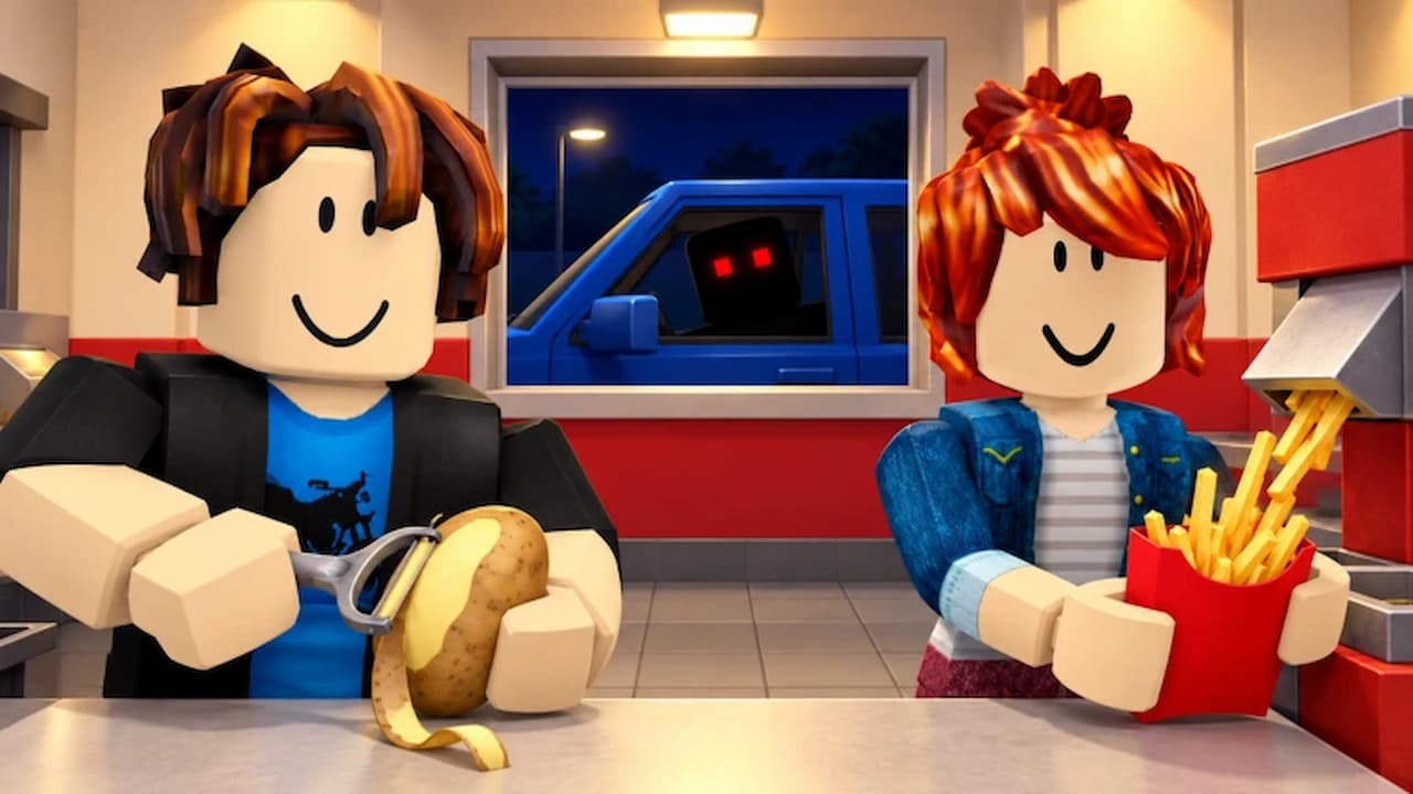 Sell Fries game artwork showing two Roblox characters preparing and serving french fries inside a fast-food restaurant, with a mysterious red-eyed figure watching from outside.