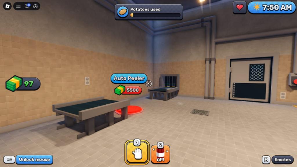 Sell Fries game screenshot showing a fast-food kitchen with conveyor belts, an Auto Peeler upgrade, a cash counter, and the potato usage meter at the top of the screen.