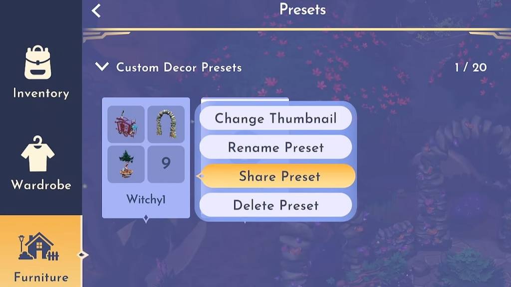 Share preset option in disney dreamlight valley