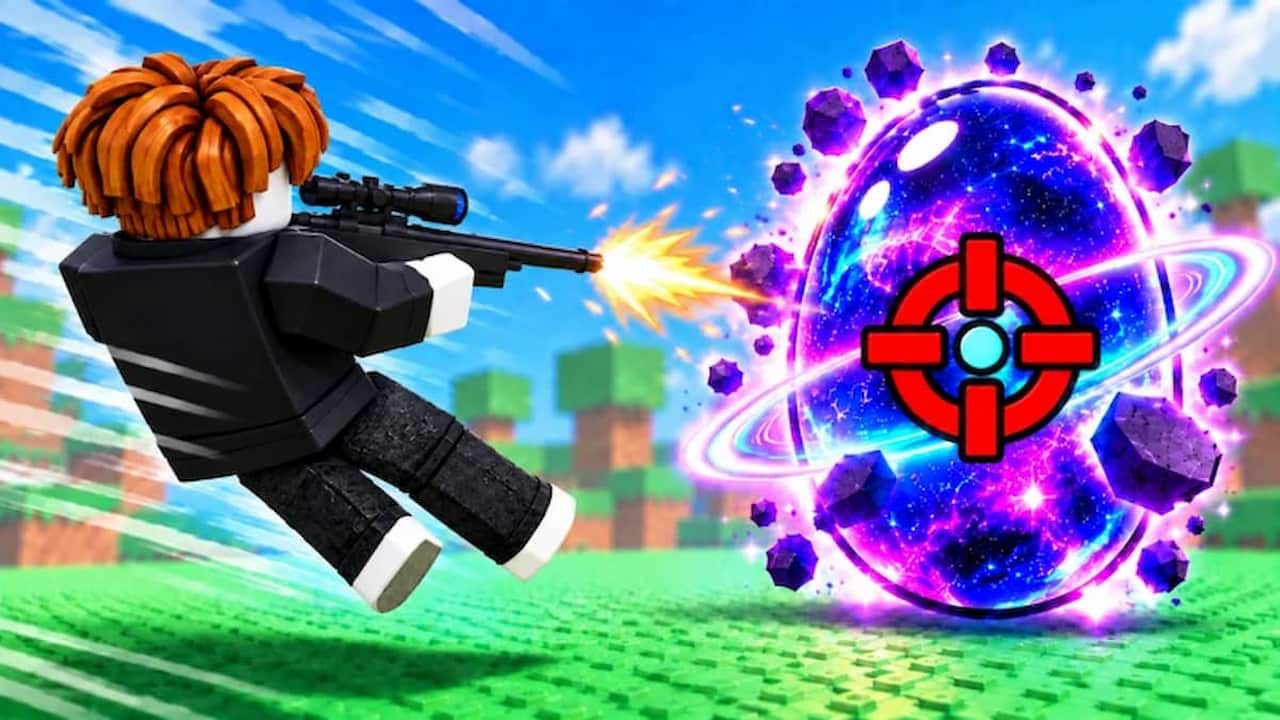 Shoot For Eggs game artwork showing a Roblox character firing a sniper rifle at a glowing cosmic egg surrounded by purple energy and floating rocks.