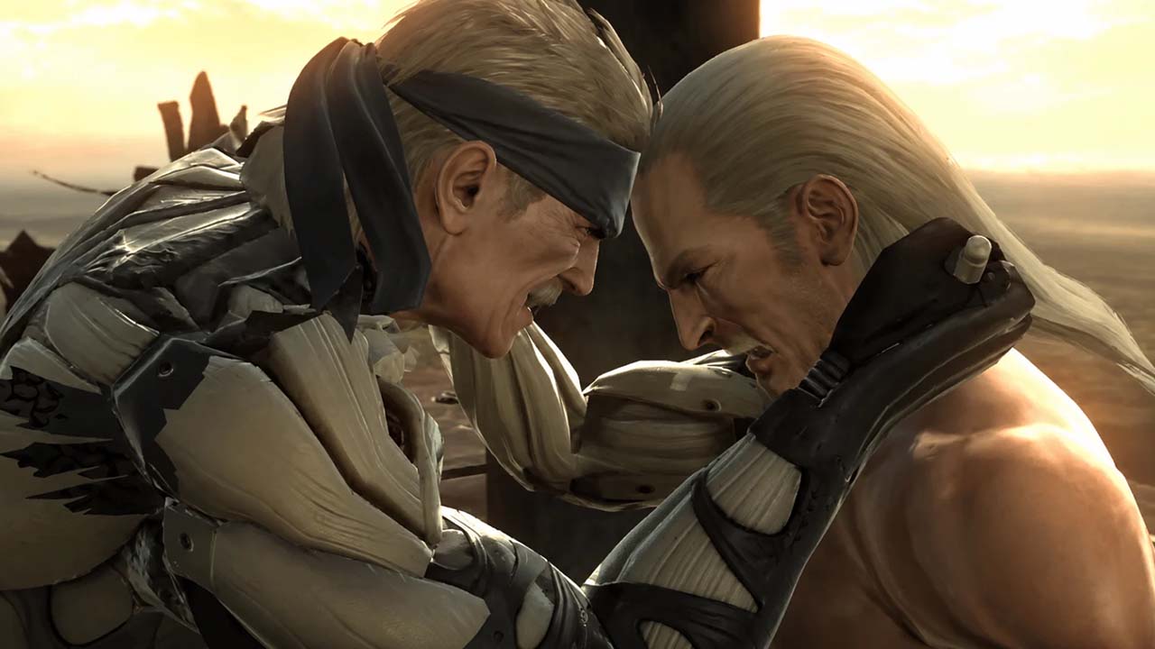 Snake butting heads with Ocelot in the final battle from MGS4