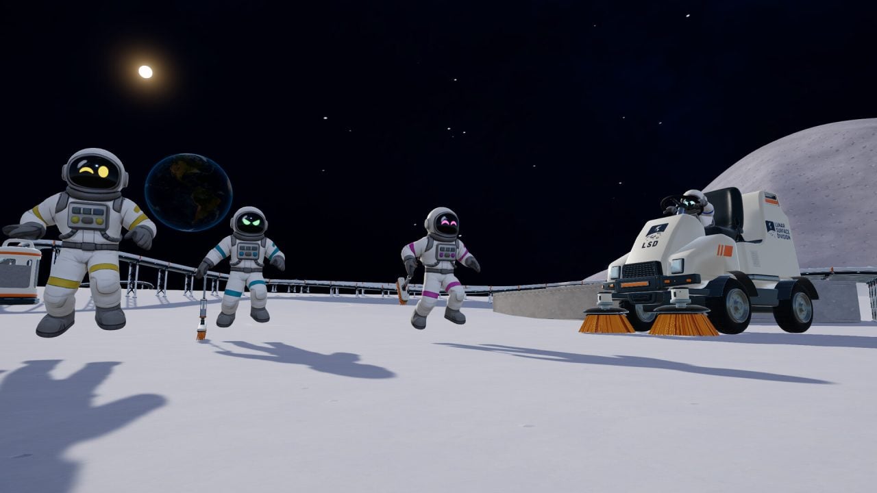 Playrs cleaning the moon together.