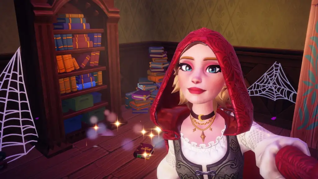 Taking picture with bookshelf and book on ground in disney dreamlight valley